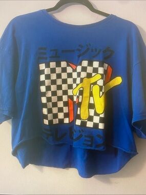 MTV Blue Cropped Tee with Checkerboard and Yellow Logo